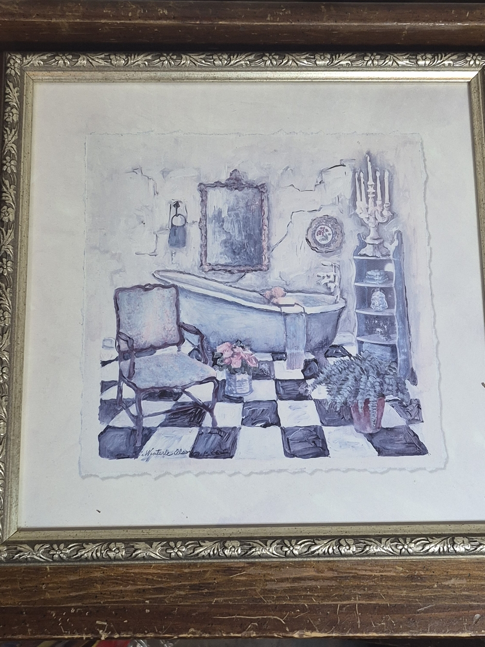 Vintage C. Winterle Olson Framed Bathroom Art Print 13.5"